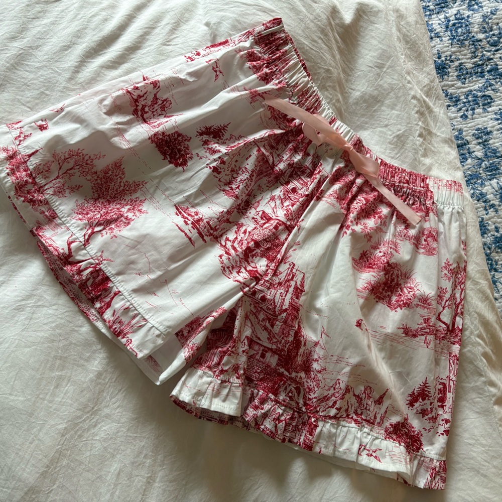 Women’s White & Red Toile Cotton Pajama Shorts